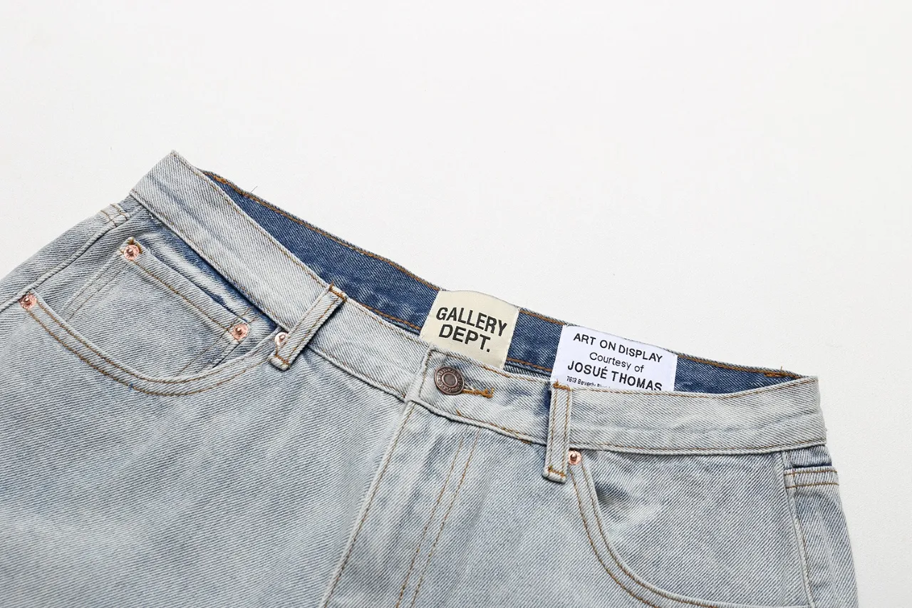 640#Gallery Dept New Style Spliced ​​Leather Label Leather Seal Water Ripple Washed Blue Destroyed Splicing Micro-Boot Jeans American High Street Flared Trousers Washed Blue S~XL p290